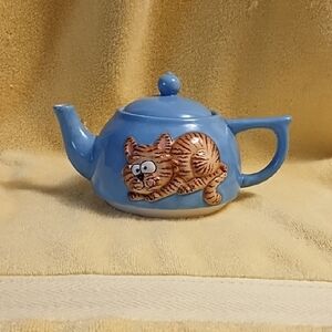 Blue Teapot with Cat Design